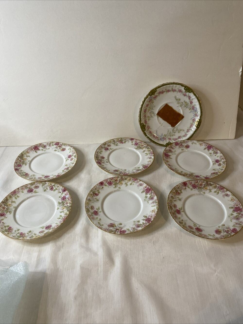A. LANTERNIER LIMOGES GDA France ( LOT OF 6) Saucers ROSE FLORAL PATTERN